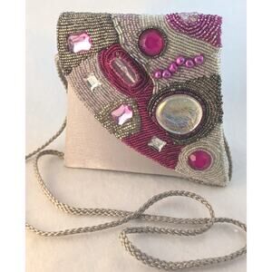 Vtge Nitebags Evening Purse Hand Beadedpink Grey Silver Shoulder Strap Or Clutch